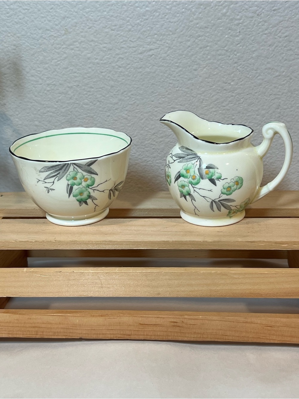 Foley China Cream and Green Floral Bone China Creamer and Sugar Bowl Set
